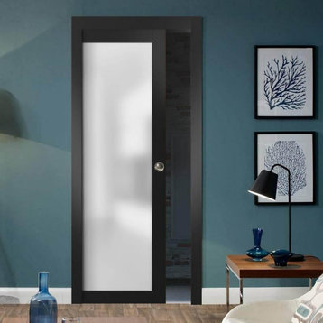 Pocket Door 32 x 80 & Frosted Glass | Planum 2102 Black Matte | Frames Set