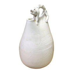 Chinese Oriental Ceramic Off White Light Cream Motif Handle Vase - Vases
