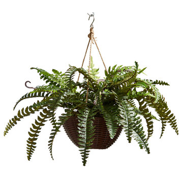 Faux Boston Fern Hanging Natural Lifelike Arrangement and Greenery With Basket