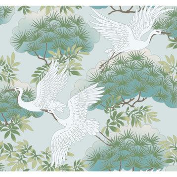 Sprig and Heron Wallpaper, Tame Teal
