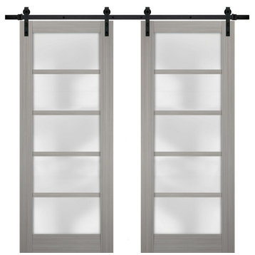 Double Barn Door 60 x 84 Frosted Glass, Quadro 4002 Grey Ash, 13FT