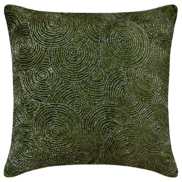 Green Velvet Beaded 26"x26" Throw Pillow Cover Flourishing Green