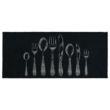 Wool-Effect Kitchen Mat With Chic Cutlery Print, Black, 48x20