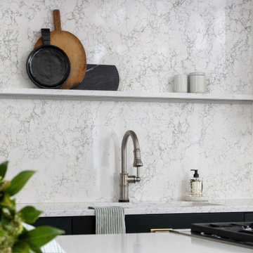 Modern Full Height Back Splash with Floating Shelves in Transitional Cottage Kit