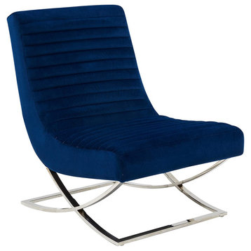 Unique Accent Chair, Stainless Steel Base & Curved Ribbed Velvet Seat, Navy