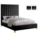 Meridian Furniture - Via Velvet Upholstered Bed, Black, Queen - Take the look of your bedroom to new decorative heights with this ultra-modern Via queen-sized upholstered bed. Sleek black velvet upholstery gives this bed a true upscale feel and epitomizes fine living while channel tufting along the headboard keeps the padded material inside plump and it also cradles your body while you sit up in bed to watch TV or read. Metal legs bring this platform bed up off the floor, allowing clearance below for cleaning and adding to its svelte contemporary profile.