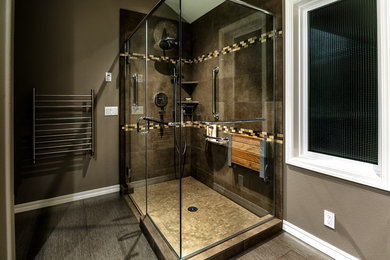 Large trendy master ceramic tile walk-in shower photo in Portland with an undermount sink and quartz countertops