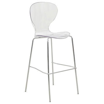 LeisureMod Oyster Acrylic Barstool With Steel Frame in Chrome Finish, Clear