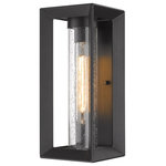 Golden Lighting - Smyth Wall Sconce Outdoor With Seeded Glass Shade - Modern lanterns featuring a handsome beveled cage design make an elegant statement in the Smyth Outdoor collection. Clean geometry creates a contemporary style. These wet-rated, open-cage fixtures are offered in a textured Natural Black finish with two glass options: Seeded or Opal. This outdoor series is wet rated and is UV-coated to protect it from fading.