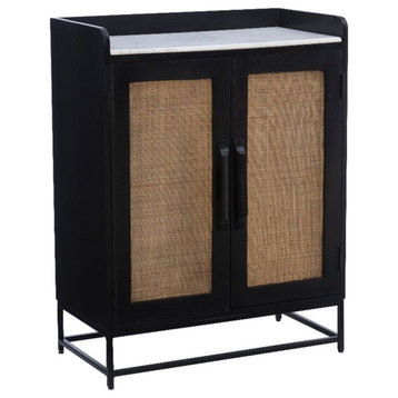 Pemberly Row Wood Bar Storage Cabinet White Marble Top Cane Panel Doors in Black