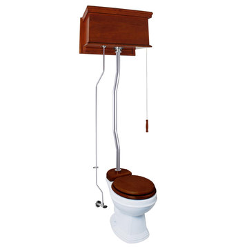 Mahogany Flat High Tank Pull Chain Toilet with White Round Bowl and Satin Z-Pipe