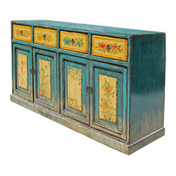 Distressed Rustic Light Blue Yellow Sideboard Console Table Cabinet - Console Tables