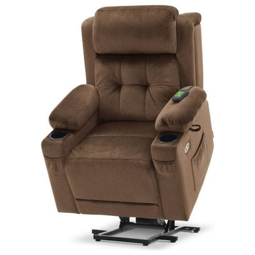 Power Lift Recliner, Massager Seat With Pillowed Arms & Cup Holders, Brown