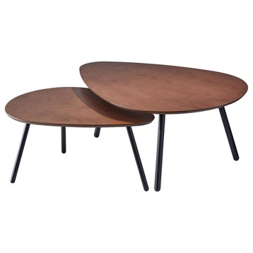 Nesting Coffee Table, Sleek Matte Black Legs With Drop Shaped Wooden Top, Walnut