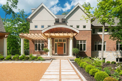 Large elegant gray three-story mixed siding gable roof photo in Cincinnati