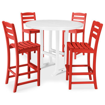 Polywood 5-Piece La Casa Side Chair Bar Dining Set, Sunset Red/White