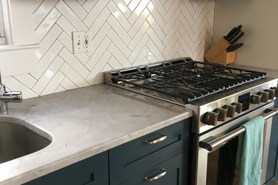 Mid-sized minimalist single-wall light wood floor kitchen photo in Boston with an undermount sink, flat-panel cabinets, green cabinets, white backsplash, porcelain backsplash and stainless steel appliances
