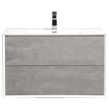 36" Cement Gray With White Frame Wall Mount Vanity With White Integrated Top