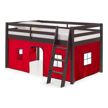 Roxy Twin Wood Junior Loft Bed, Espresso, Red and Blue Bottom Tent