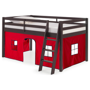 Roxy Twin Wood Junior Loft Bed, Espresso, Blue and Red Bottom Tent, Bed Color: Espresso, Tent: Red/Blue