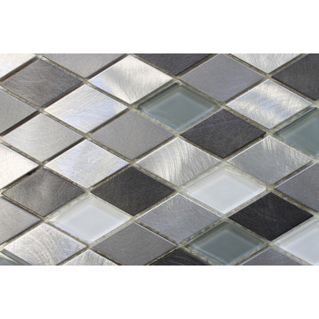 Metro Diamond Brushed Aluminum and Glass Mosaic Tile, 12"x12"