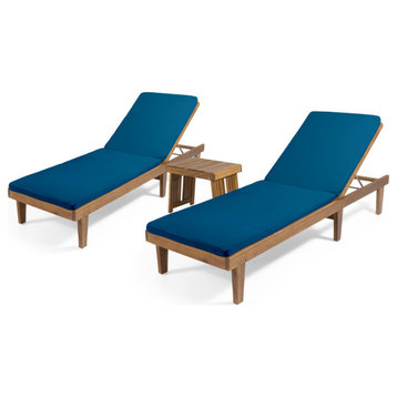 Wells Outdoor Acacia Chaise Lounge Set With Water-Resistant Cushions, Blue