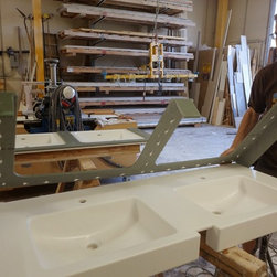 Corian Glacier White and Verde vanity top. - Bath Products