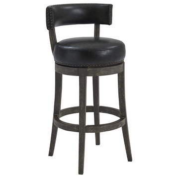 Unique Bar Stool, American Gray Frame & Onyx Faux Leather Seat, Bar Height