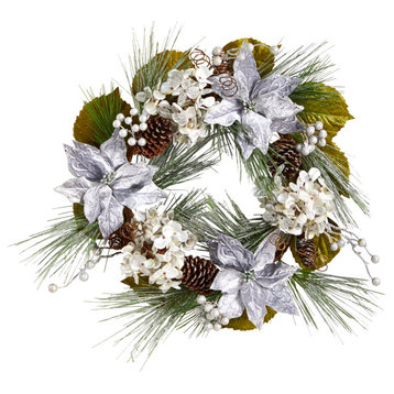 W1318 24 Silver Poinsettia, Hydrangea and Pinecones Artificial Christmas Wreath
