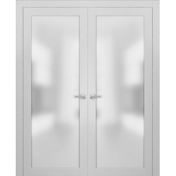 Planum 2102 Interior French Frosted Glass Doors 72x80 White Silk