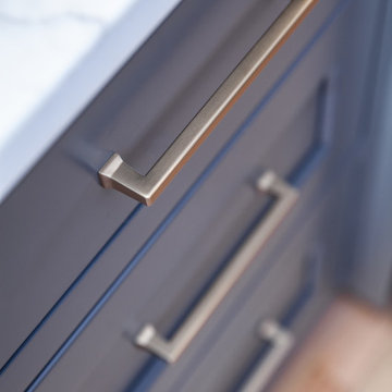 Brushed Brass Cabinet Hardware on Gray Shaker Drawers – Hamilton MA