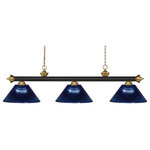 Z-Lite - Island/Billiard - Finished In Bronze and Satin Gold This Three Light Bar Fixture Uses Acrylic Dark Blue Shades To Create A Contemporary Look With A Timeless Quality To It. This Fixture Would Be Perfect For The Game Room Or Any Other Room Of The House Where A Touch Of Under Stated Sophistication Is Needed.