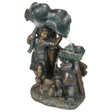 LuxenHome Bronze Resin Child and Frog Lily Outdoor Fountain with LED Light