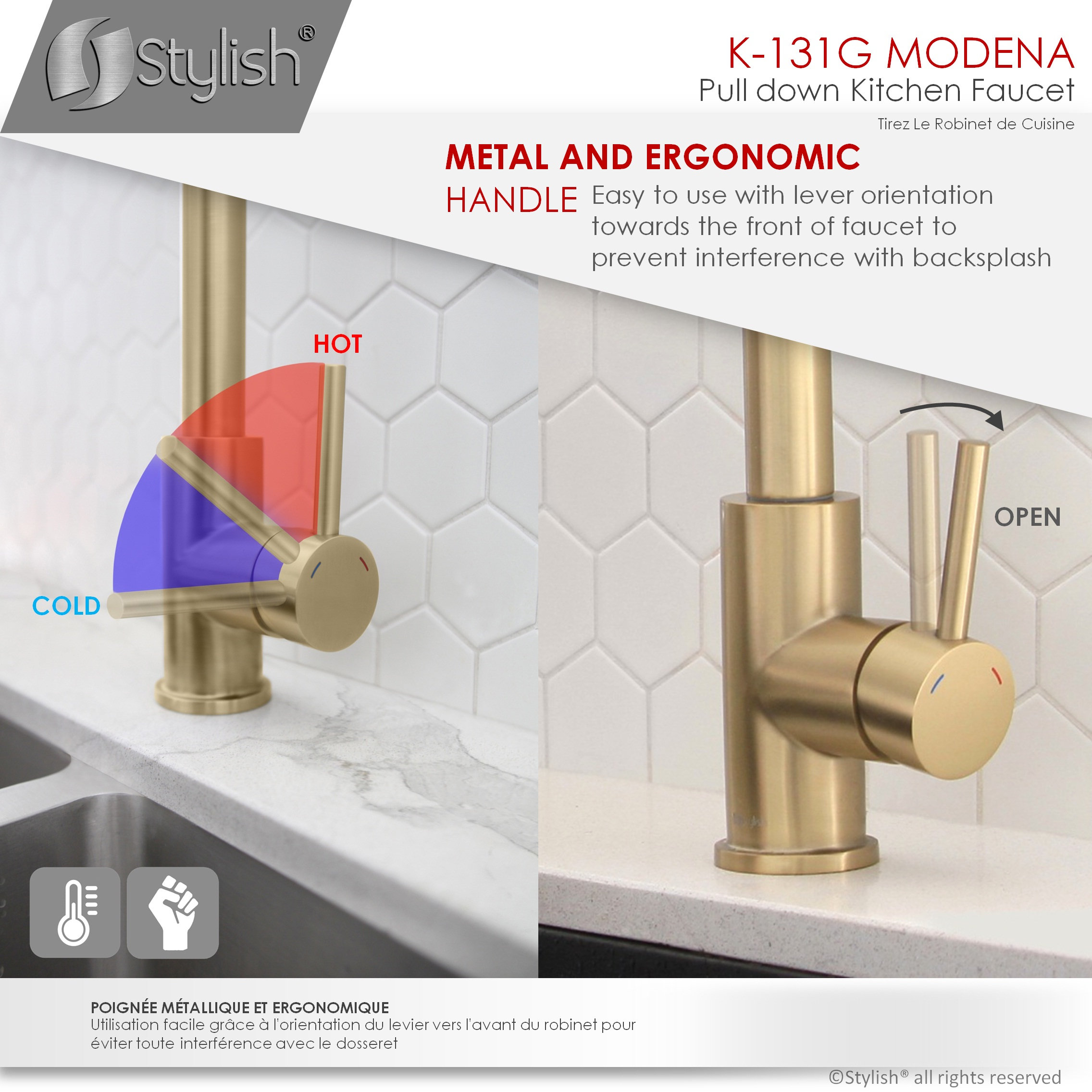 STYLISH Modern Single Handle  Pull down Sprayer  Kitchen Faucet in Gold Finish