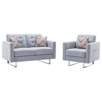 Victoria Light Gray Linen Fabric Loveseat Chair Living Room Set w/ Side Pockets