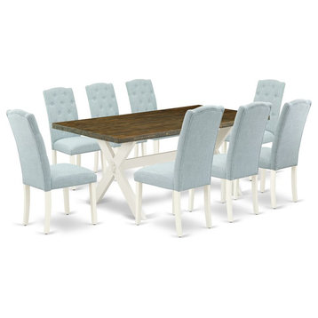 East West Furniture X-Style 9-piece Wood Dining Set in Linen White/Baby Blue