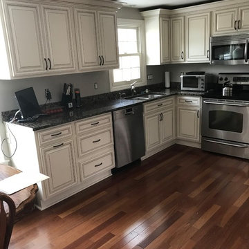 antique white cabinet refacing with brown glaze
