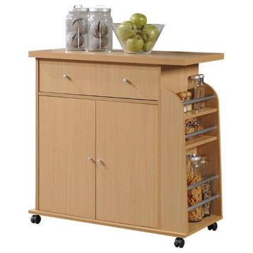 Pemberly Row Contemporary Wood Kitchen Cart with Spice Rack in Beech Beige