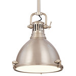 Hudson Valley Lighting - Pelham 1-Light Pendant, Satin Nickel, 10.5" - Inspired by vintage utility lighting, the Pelham One Pendant Light features a bell-shaped shade with a satin nickel finish. Cast metal tension clips hold a circular etched glass diffuser in place to produce a soft, ambient glow. Suspend multiple pendants above a kitchen counter or table for a subtle, industrial vibe.