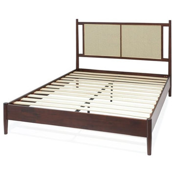 Modern Platform Bed, Sturdy Acacia Frame With Rattan Headboard, Walnut, Queen