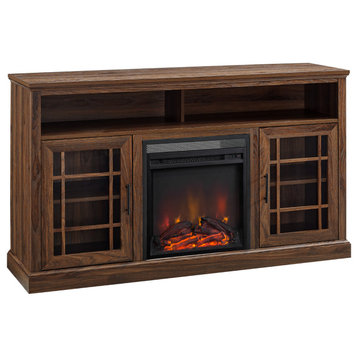 58" Classic Glass Door Highboy Fireplace TV Stand, Dark Walnut