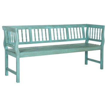 Unique Outdoor Bench, Acacia Wood Seat & Elegant Slatted Back, Beach House Blue