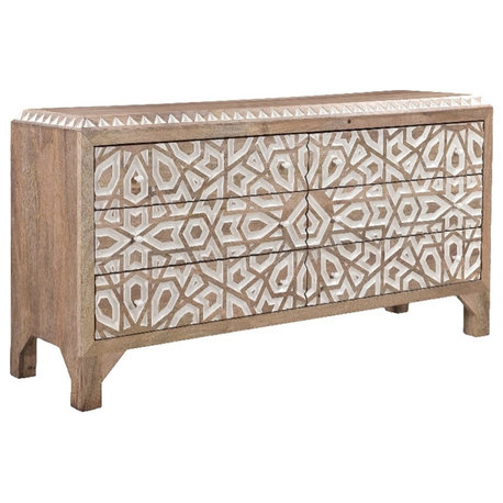 World Interiors Haveli 61" Wood Geometric Carved Dresser in Natural