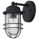 Golden Lighting - Seaport Outdoor Wall Sconce, 9" - Nautical-inspired, Seaport is a collection of industrial fixtures to create your seaside retreat. Offered in a textured natural black, the New England style is enhanced by protective cages and seeded glass that shield the fixture's bulbs. This outdoor fixture is wet rated and is UV-coated to protect it from fading.