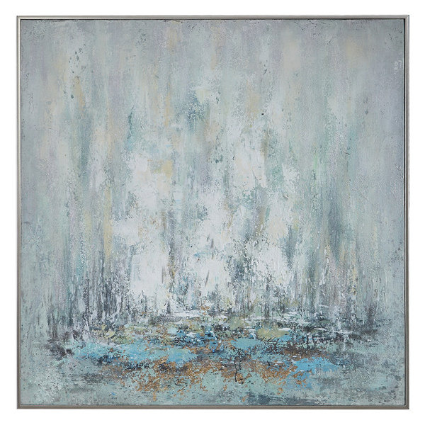 Coastal Abstract Modern Silver White Blue Painting | Large Square Gold