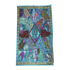 Mogulinterior - Mogul Zardozi Tapestry Embroidered Patchwork Boho Blue Throw Wall Hanging - Tapestries