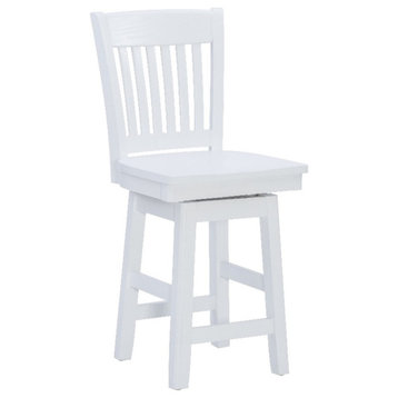 Pemberly Row Solid Beechwood Slat Back Swivel 24" Counter Height Stool in White