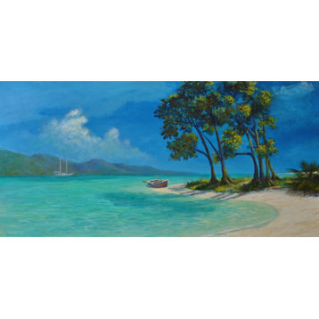 Tropical Caribbean Painting, beach and boat painting, contemporary art