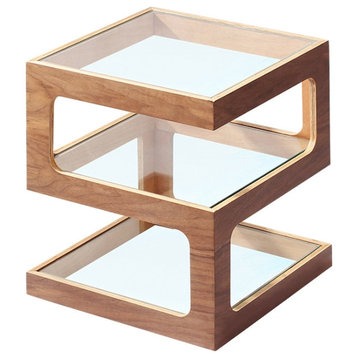 Modern Glass Side Table with 3 Tiers S-shaped End Table, Walnut