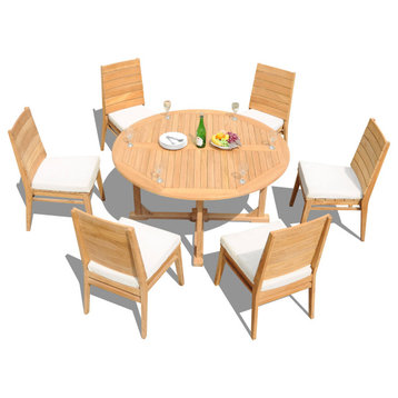 7-Piece Outdoor Teak Dining Set: 60" Round Table, 6 Char Stacking Armless Chairs